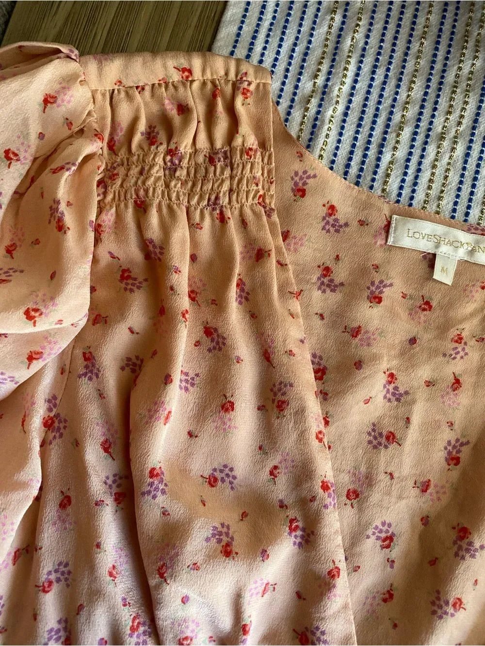 LoveShackFancy Peach Floral V‑Neck Peplum Blouse Silk Sz M